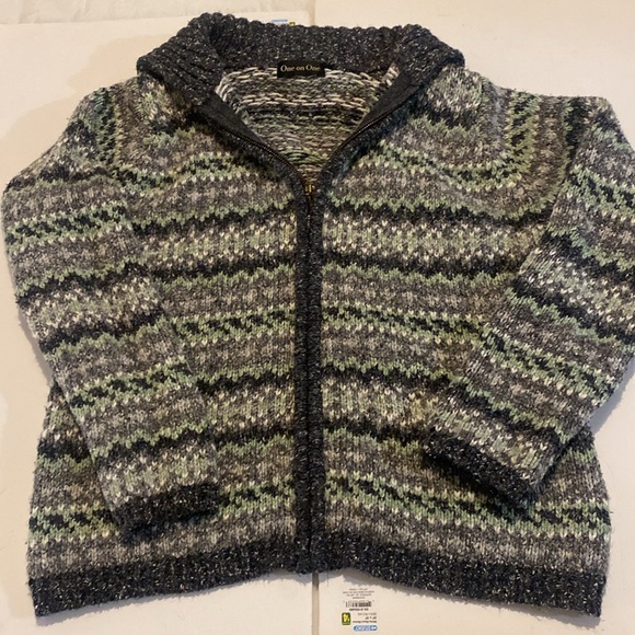 1980’s One on One vintage green grey and white wool blend cardigan - Picture 2 of 10